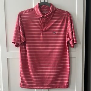 Vineyard Vines XS Performance Polo - Coral/Pink with White and Blue Stripes